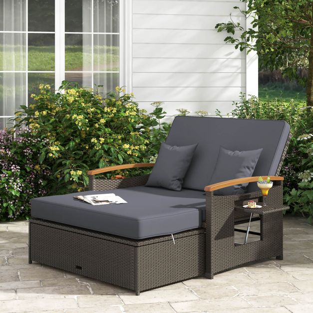 Outdoor Wicker Daybed Rattan Woven Loveseat with Storage Ottoman
