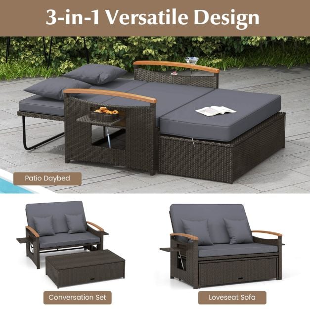 Outdoor Wicker Daybed Rattan Woven Loveseat with Storage Ottoman