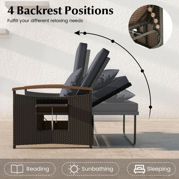 Outdoor Wicker Daybed Rattan Woven Loveseat with Storage Ottoman