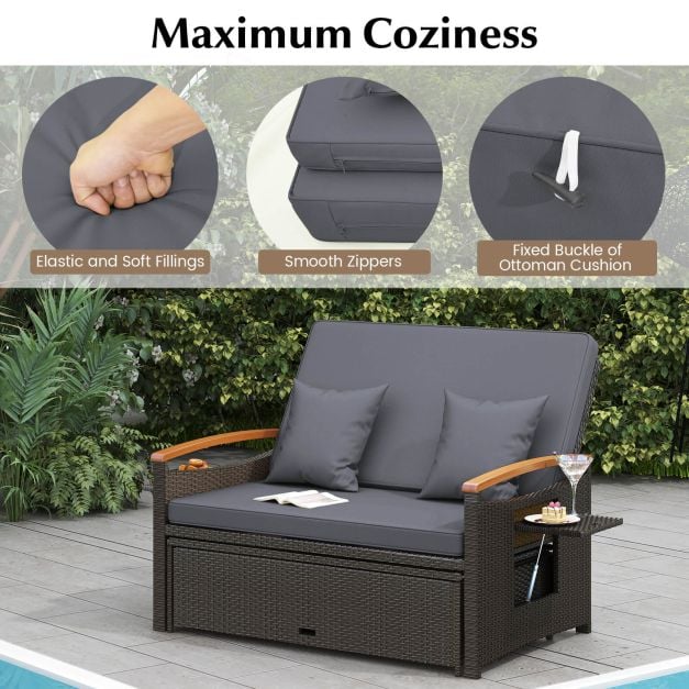 Outdoor Wicker Daybed Rattan Woven Loveseat with Storage Ottoman