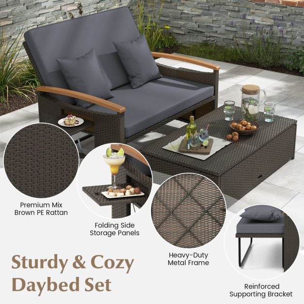 Outdoor Wicker Daybed Rattan Woven Loveseat with Storage Ottoman