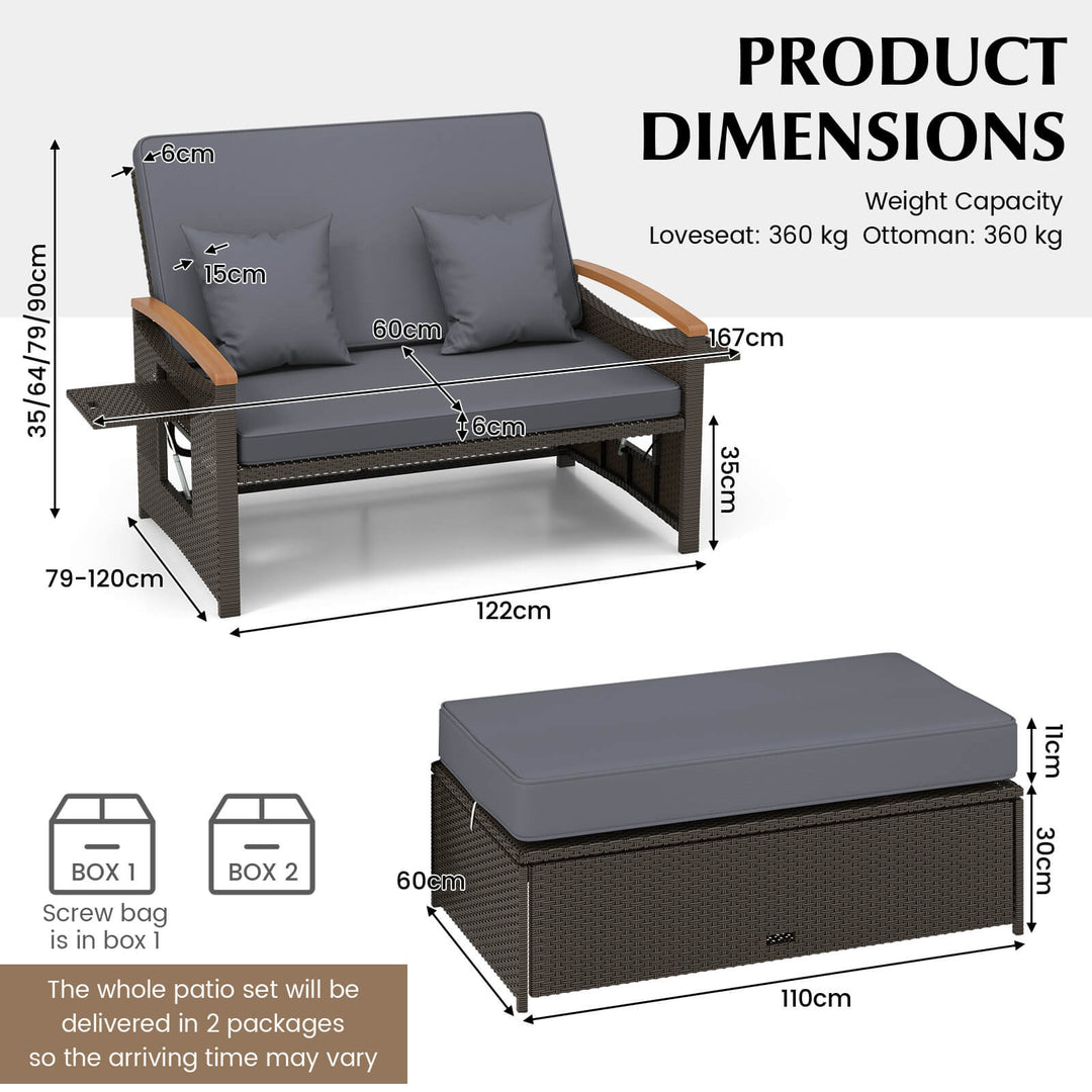 Outdoor Wicker Daybed Rattan Woven Loveseat with Storage Ottoman