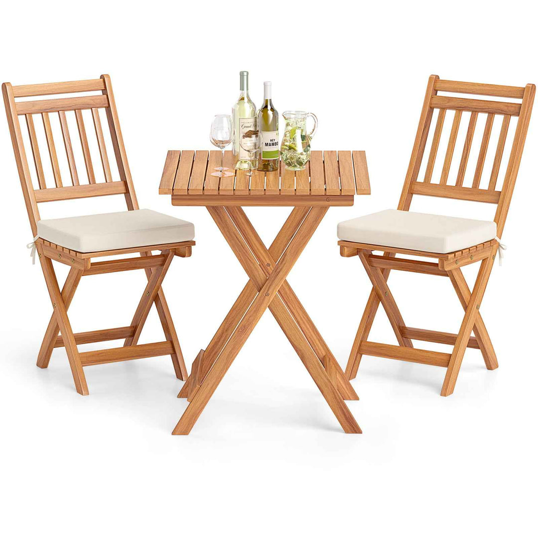 3 Pieces Outdoor Acacia Wood Bistro Set with Seat Cushions and High Back Armless Chairs