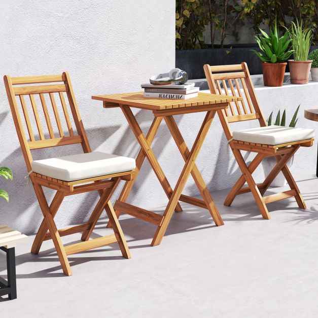 3 Pieces Outdoor Acacia Wood Bistro Set with Seat Cushions and High Back Armless Chairs