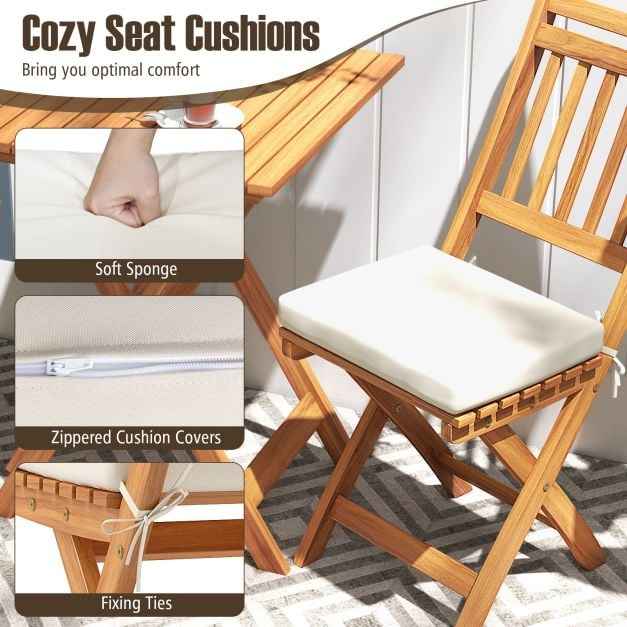 3 Pieces Outdoor Acacia Wood Bistro Set with Seat Cushions and High Back Armless Chairs