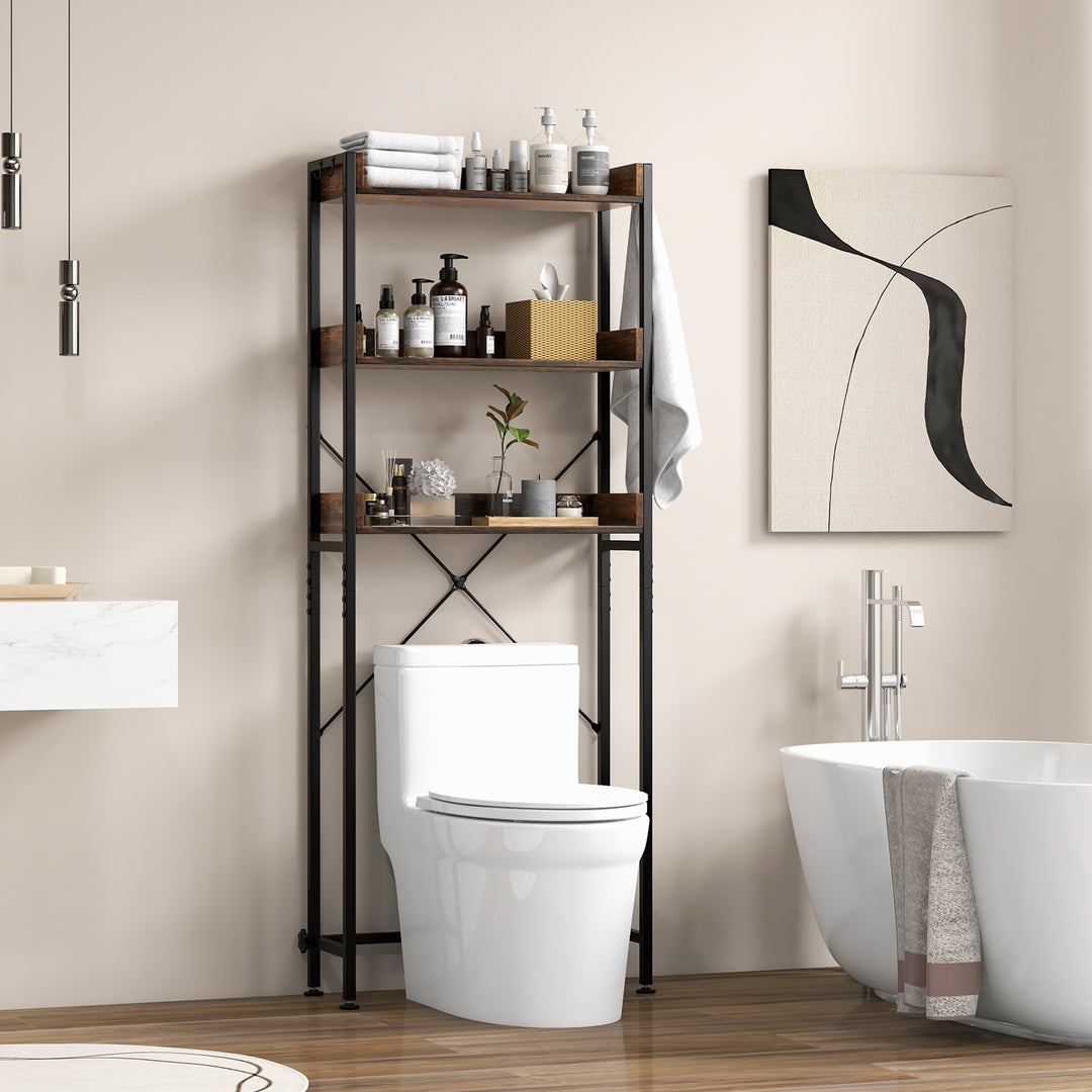 3-Tier Over The Toilet Storage Rack with 4 Hooks and Adjustable Bottom Bar