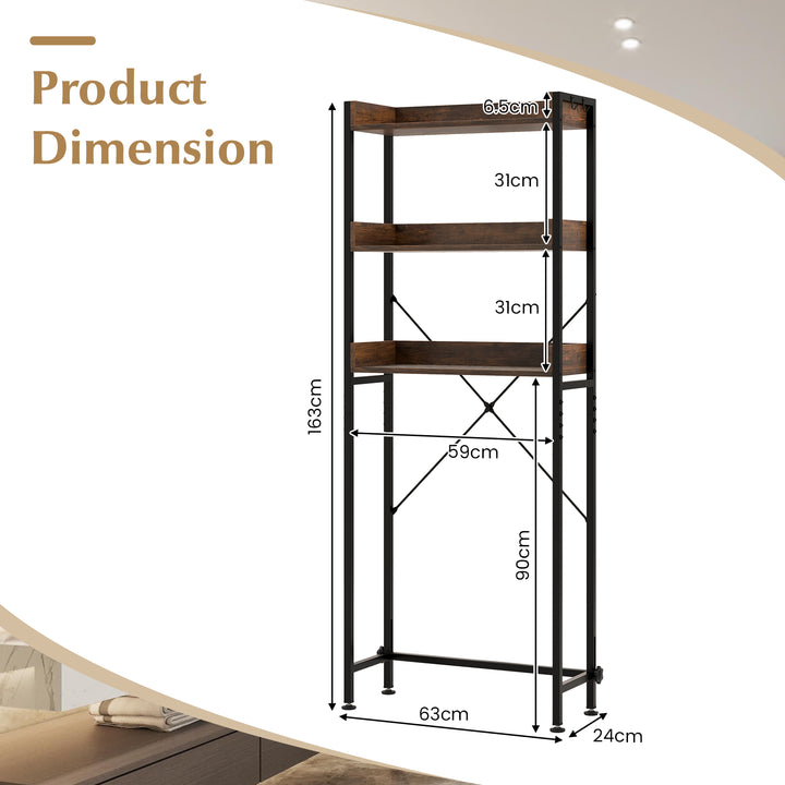 3-Tier Over The Toilet Storage Rack with 4 Hooks and Adjustable Bottom Bar