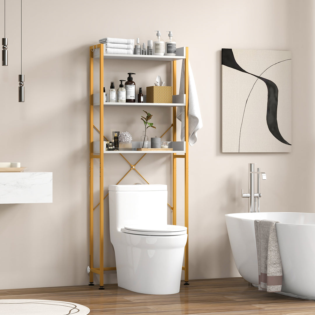 3-Tier Over The Toilet Storage Rack with 4 Hooks and Adjustable Bottom Bar