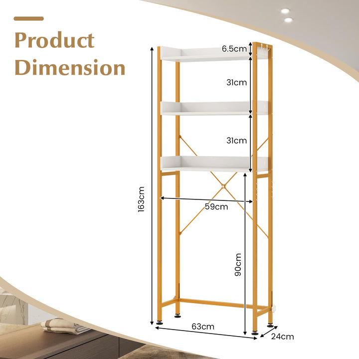 3-Tier Over The Toilet Storage Rack with 4 Hooks and Adjustable Bottom Bar