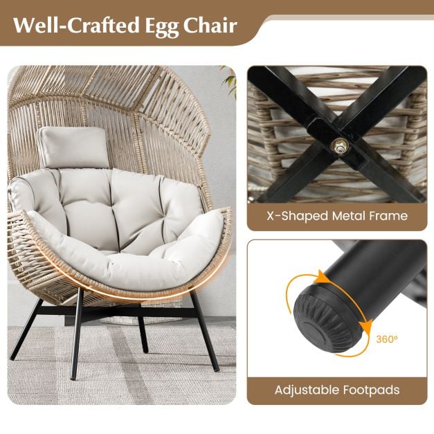 Oversized Wicker Egg Style Chair with Cushions and Headrest-White - TidySpaces