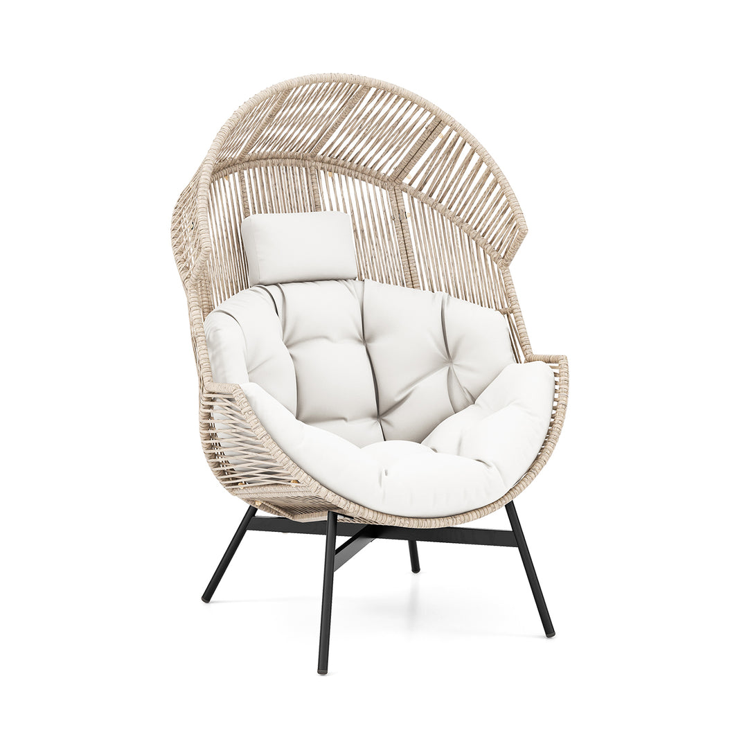 Oversized Wicker Egg Style Chair with Cushions and Headrest-White - TidySpaces