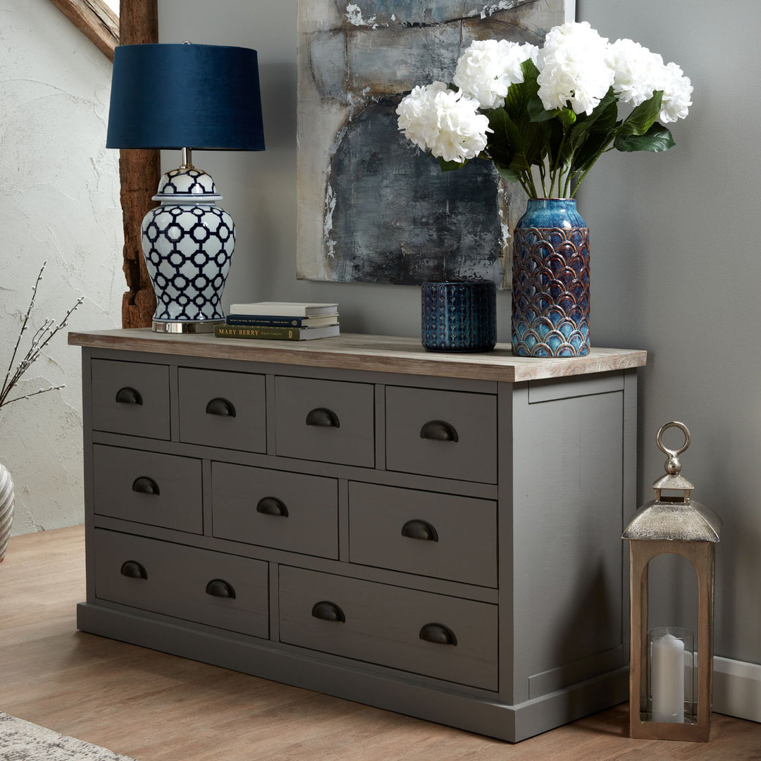 9 draw grey chest with wooden top - TidySpaces