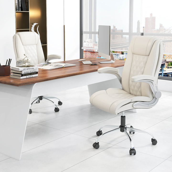 Faux Leather Office Chair Height Adjustable Executive Chair with Headrest-Beige