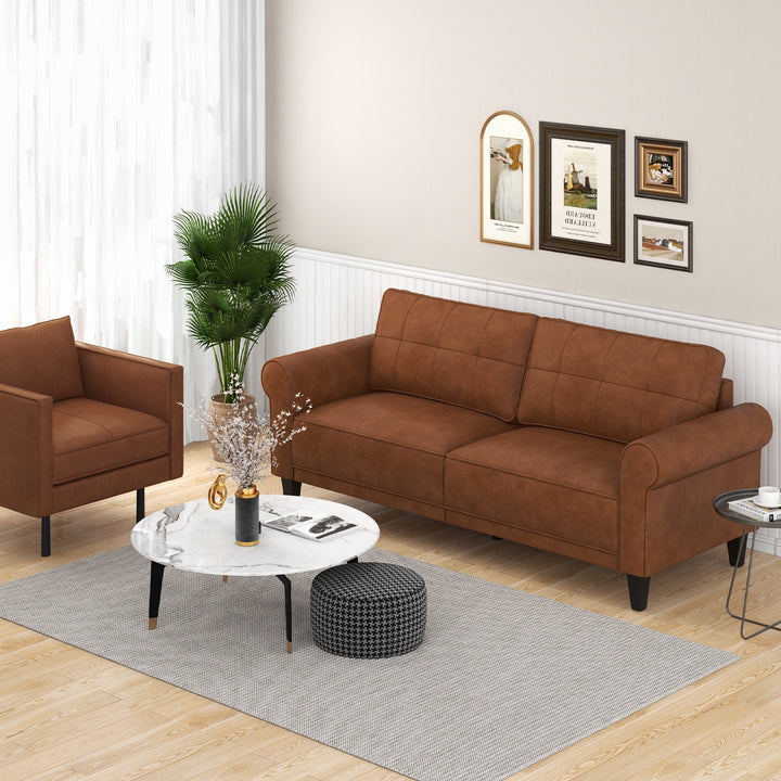 206 cm PU Leather Sofa Couch with 2 Detachable Back Pillows