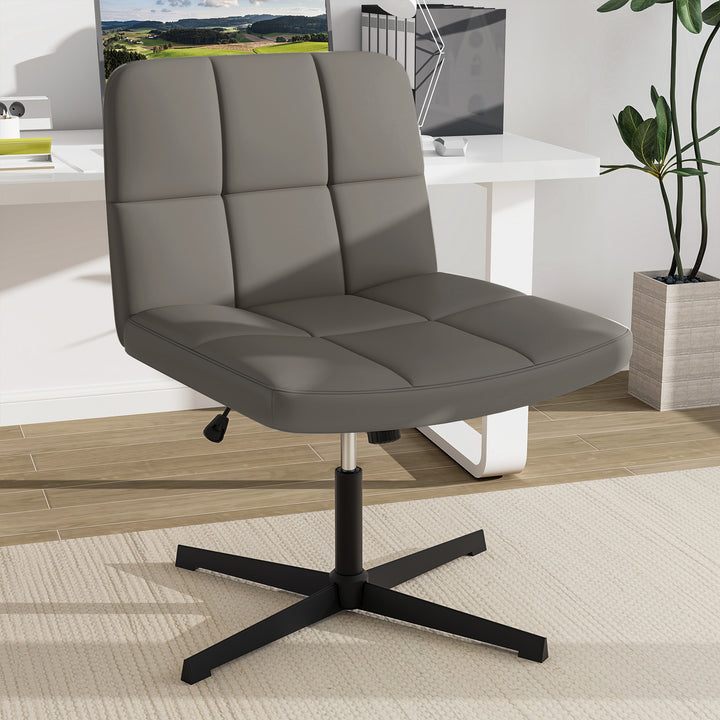 PU Leather Upholstered Armless Cross Legged Office Desk Chair No Wheels - TidySpaces