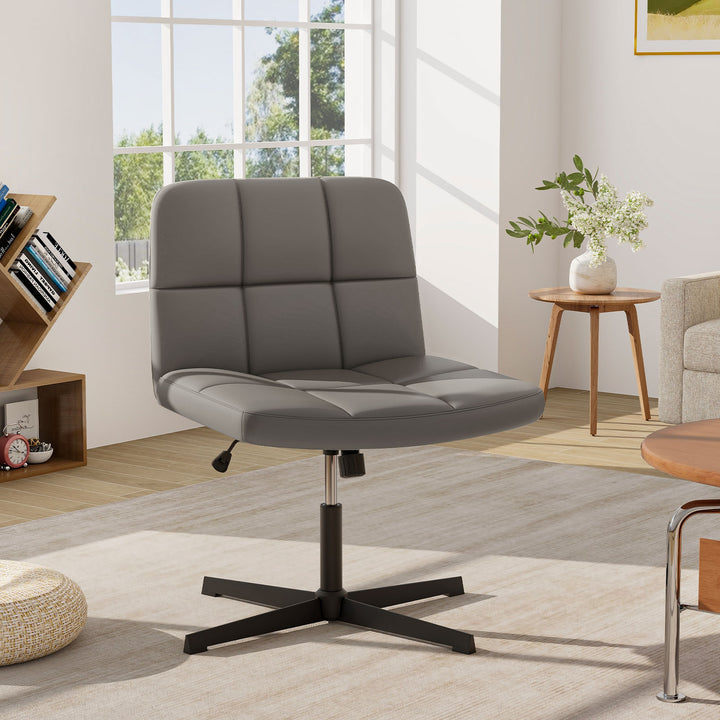 PU Leather Upholstered Armless Cross Legged Office Desk Chair No Wheels - TidySpaces