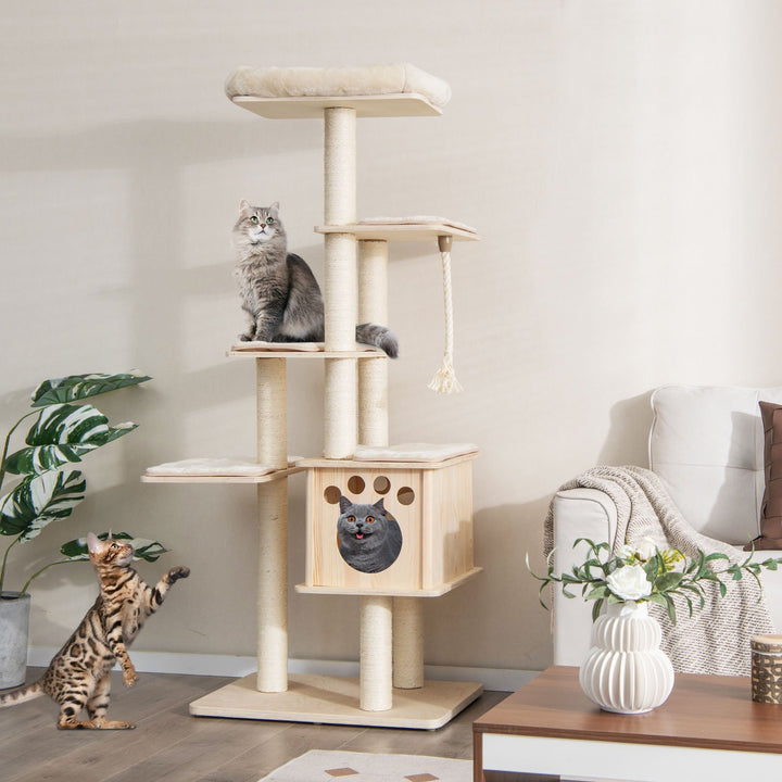 170cm Tall Cat Tree with Scratching Posts Perch Condo and Cushion-Natural