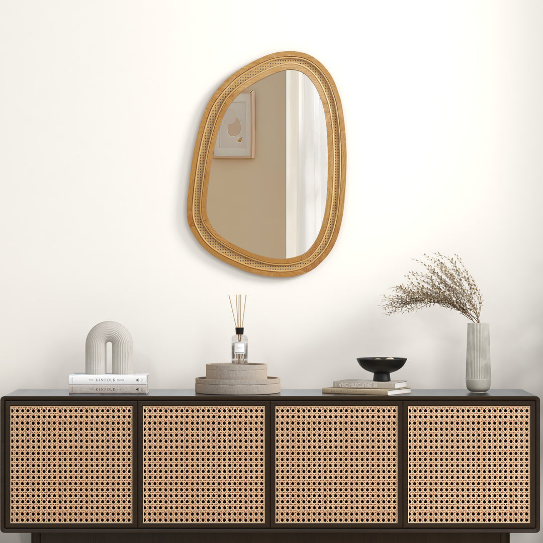 Irregular PVC Rattan Wall Mirror Boho Style Decorative Mirror-Natural - TidySpaces