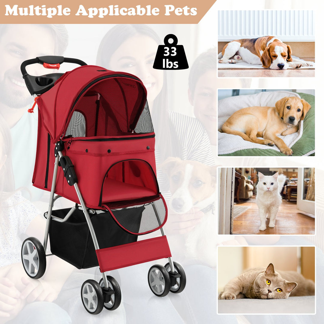 4 Wheel Folding Pet Stroller with Storage Basket and Adjustable Canopy