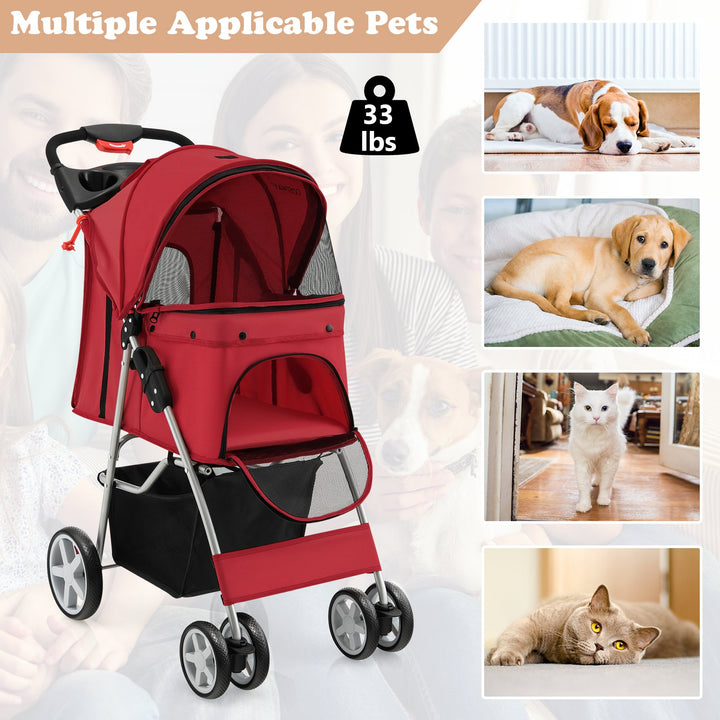 4 Wheel Folding Pet Stroller with Storage Basket and Adjustable Canopy