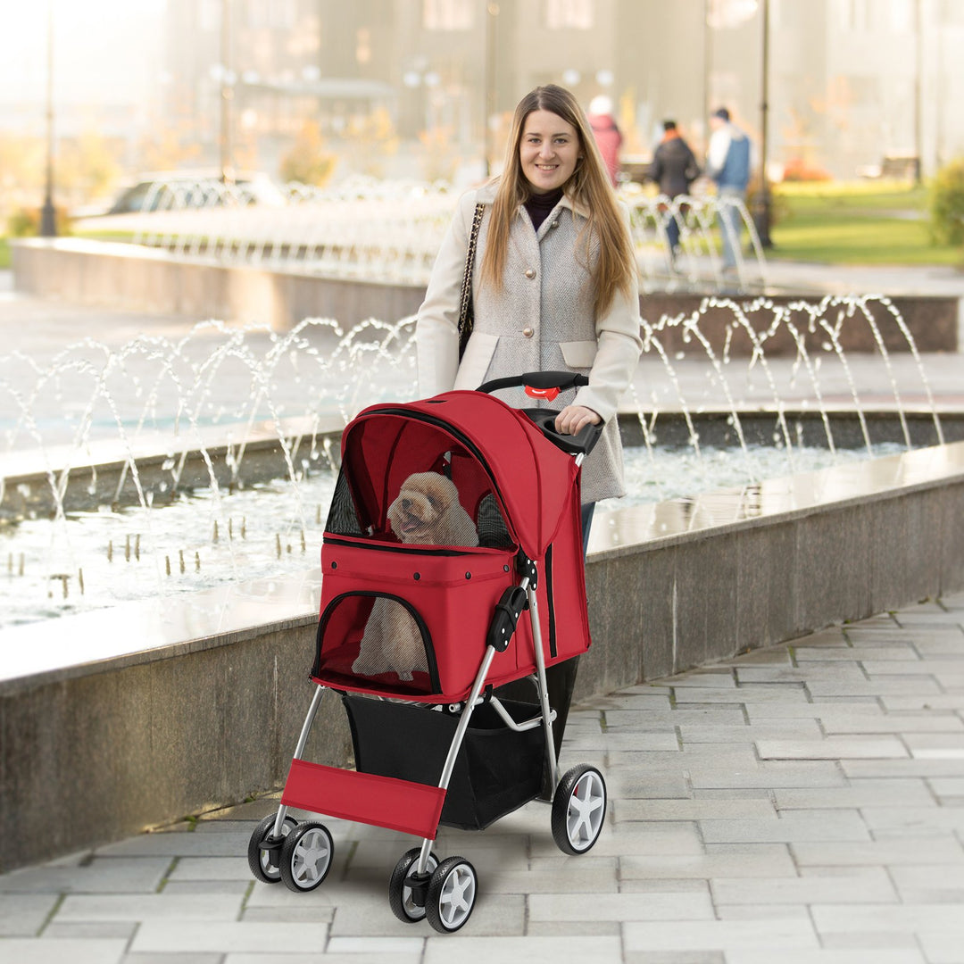 4 Wheel Folding Pet Stroller with Storage Basket and Adjustable Canopy