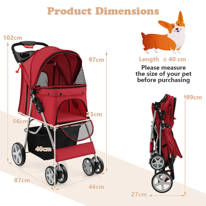 4 Wheel Folding Pet Stroller with Storage Basket and Adjustable Canopy