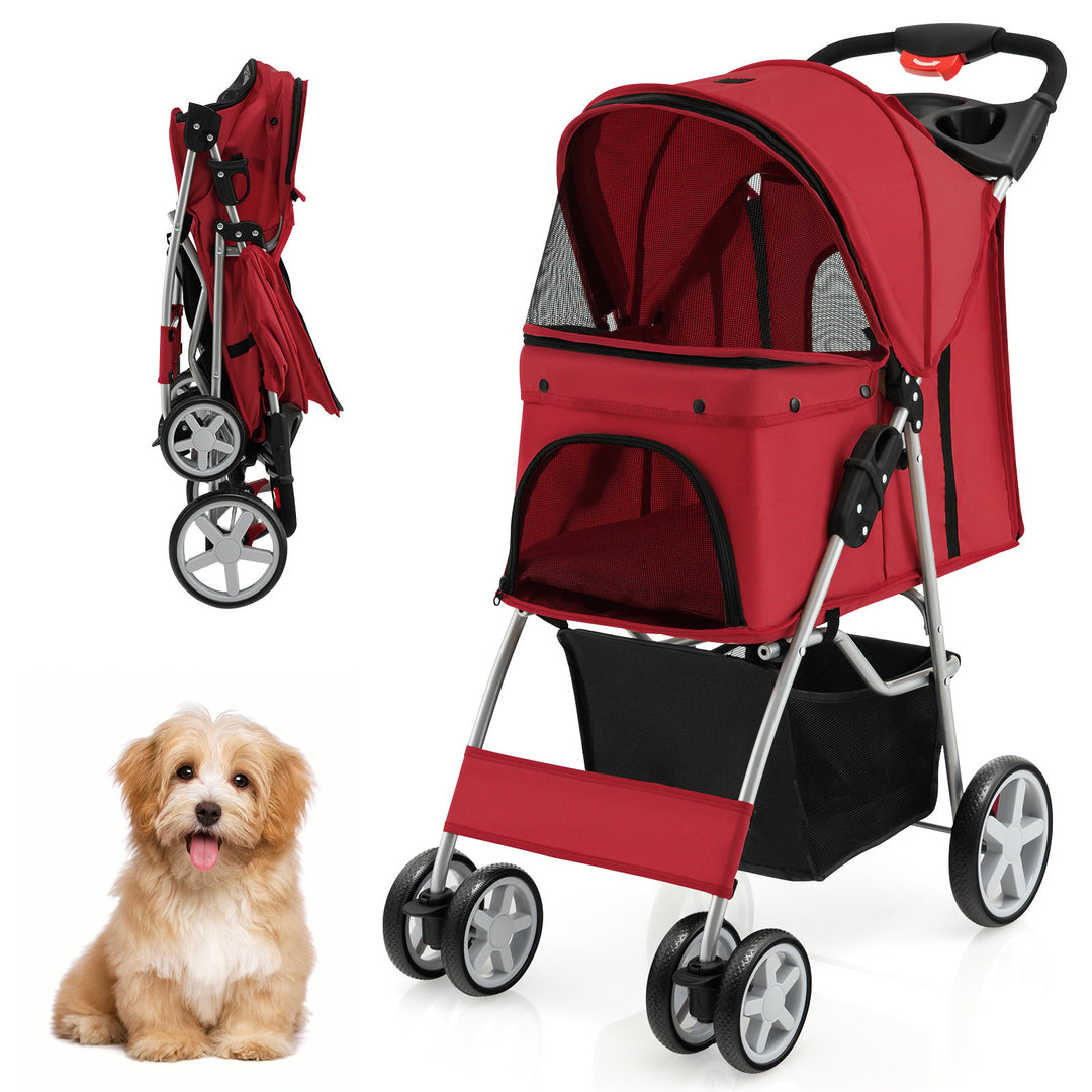 4 Wheel Folding Pet Stroller with Storage Basket and Adjustable Canopy