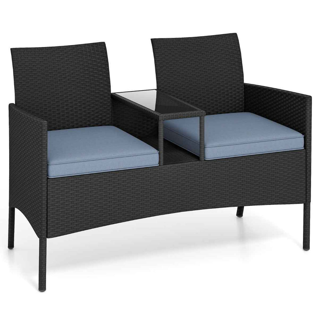 Patio Loveseat with Built-in Table, Soft Cushions, and Tempered Glass Tabletop