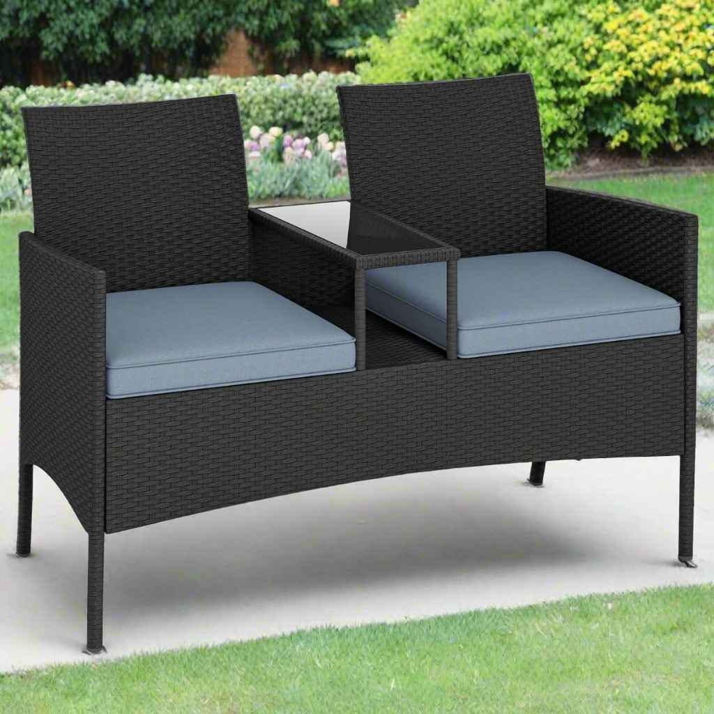 Patio Loveseat with Built-in Table, Soft Cushions, and Tempered Glass Tabletop