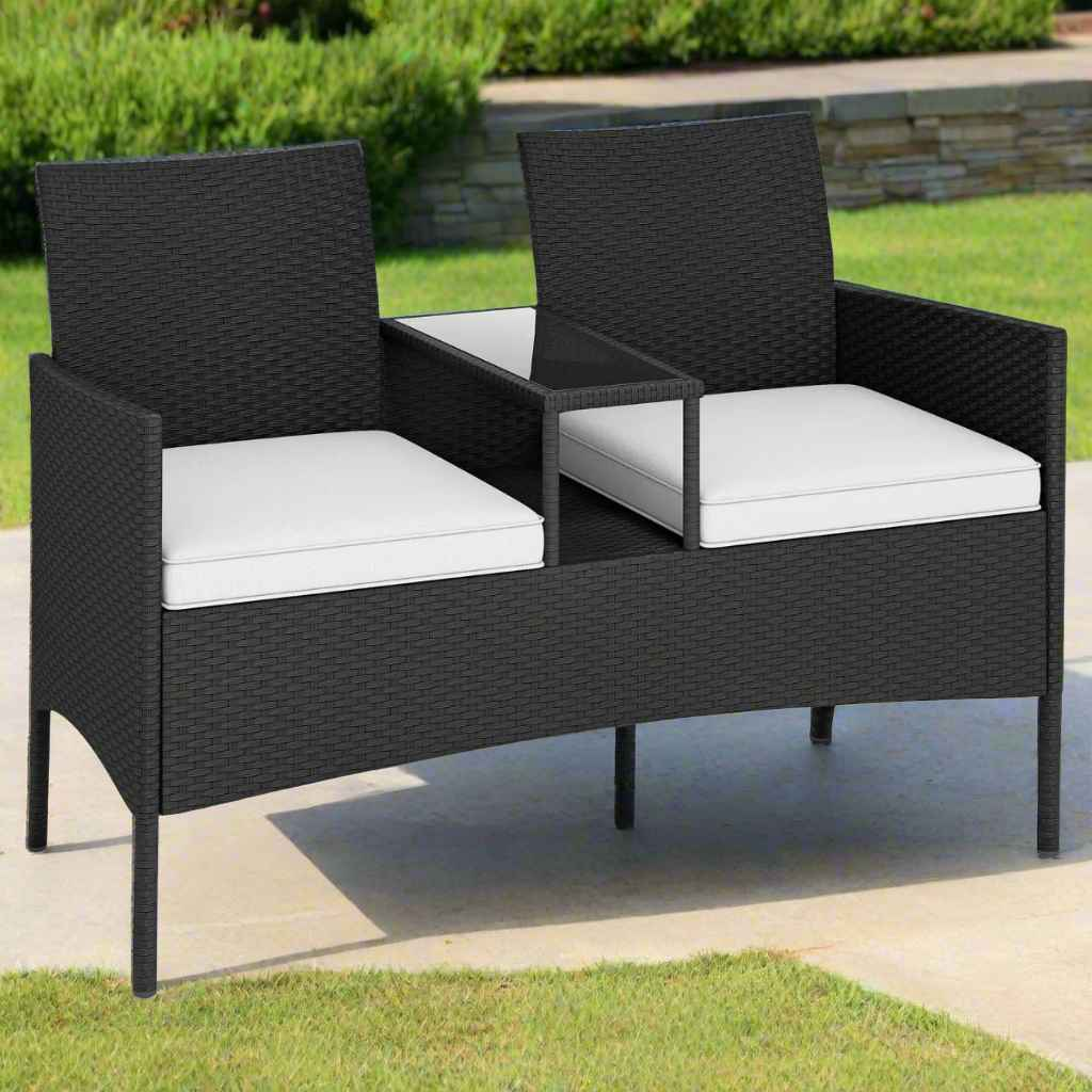 Patio Loveseat with Built-in Table, Soft Cushions, and Tempered Glass Tabletop