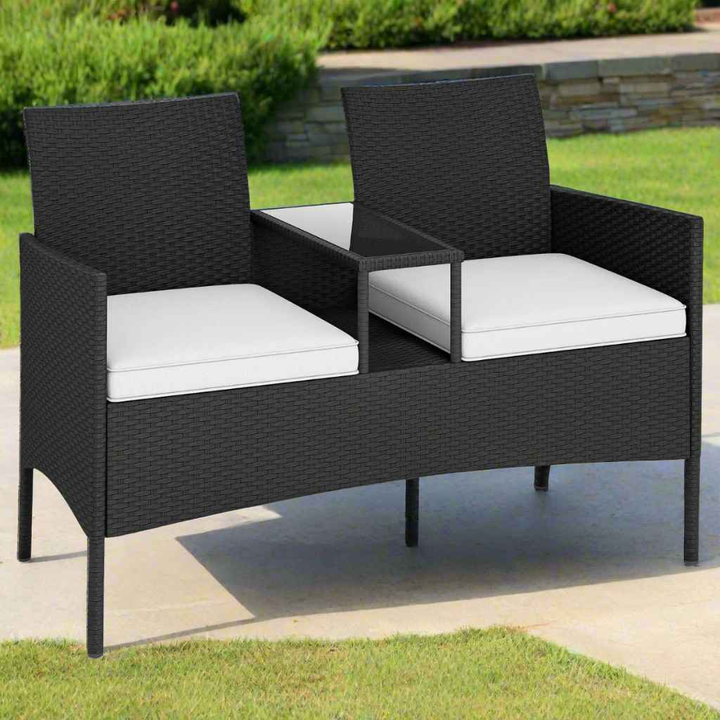 Patio Loveseat with Built-in Table, Soft Cushions, and Tempered Glass Tabletop
