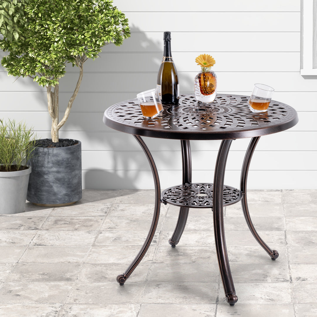 79 cm Patio Cast Aluminum Table with Umbrella Hole and Bottom Shelf-Copper