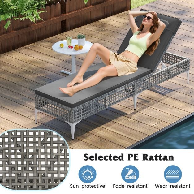 Patio Chaise Lounge PE Wicker Reclining Sun Lounger with 6-Level Adjustable Backrest
