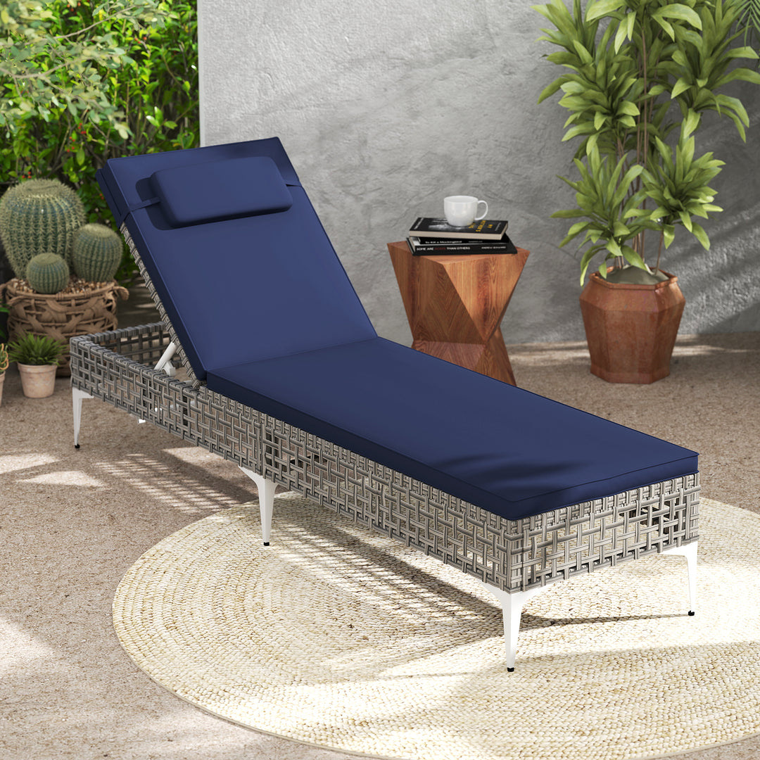 Patio Chaise Lounge PE Wicker Reclining Sun Lounger with 6-Level Adjustable Backrest