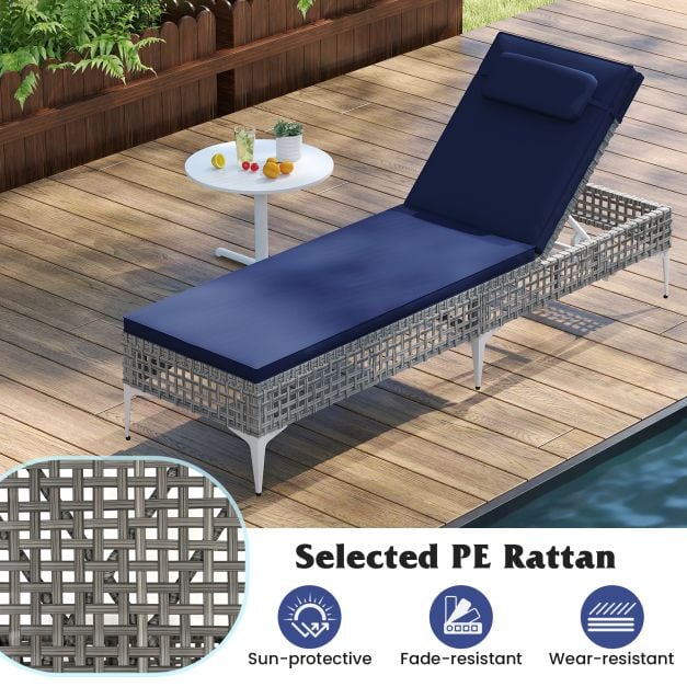 Patio Chaise Lounge PE Wicker Reclining Sun Lounger with 6-Level Adjustable Backrest