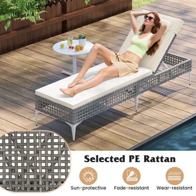 Patio Chaise Lounge PE Wicker Reclining Sun Lounger with 6-Level Adjustable Backrest