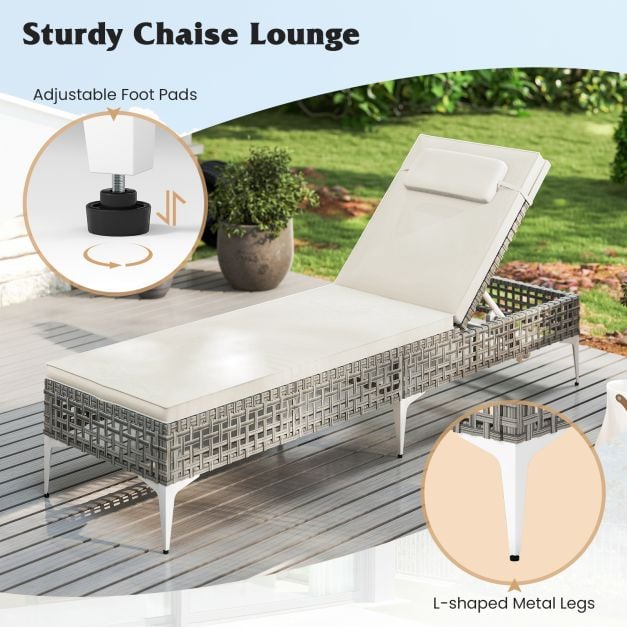 Patio Chaise Lounge PE Wicker Reclining Sun Lounger with 6-Level Adjustable Backrest