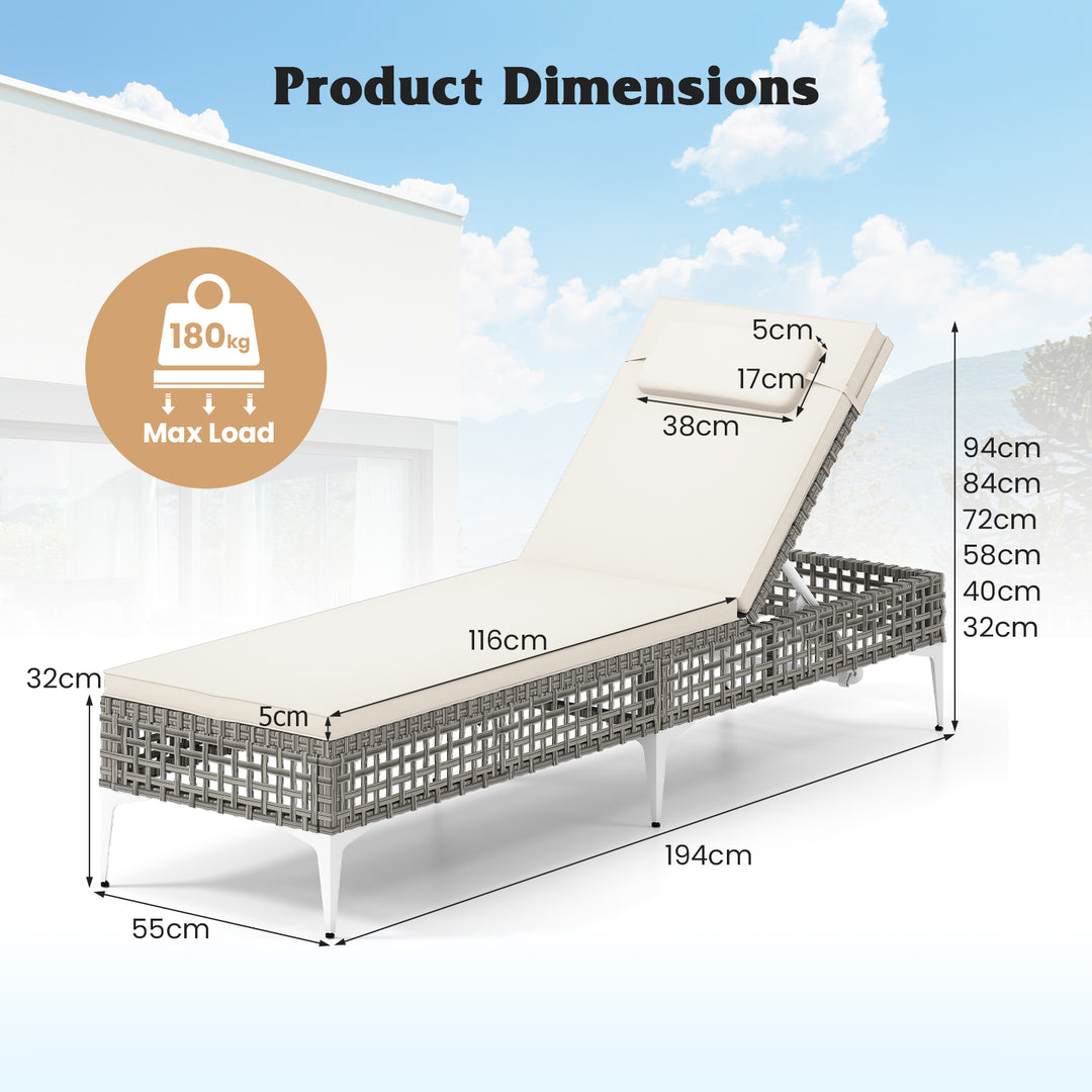 Patio Chaise Lounge PE Wicker Reclining Sun Lounger with 6-Level Adjustable Backrest
