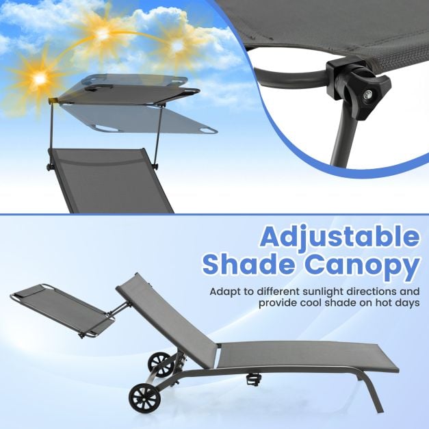 Patio Chaise Lounge Chair with Wheels and Adjustable Canopy