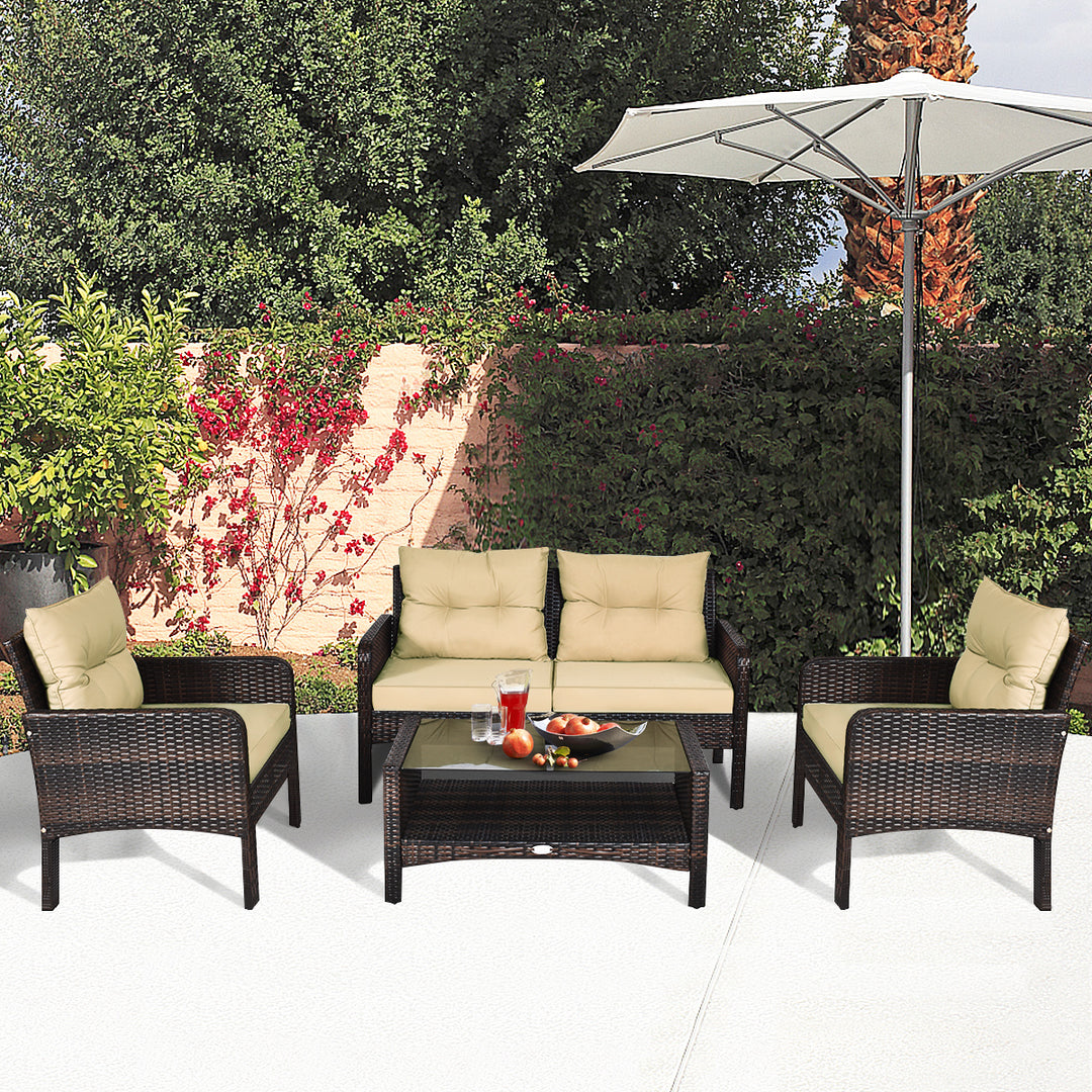 4 Pieces PE Rattan Patio Conversation Set