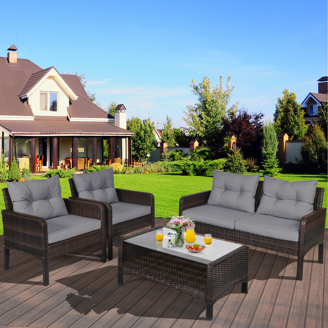 4 Pieces PE Rattan Patio Conversation Set