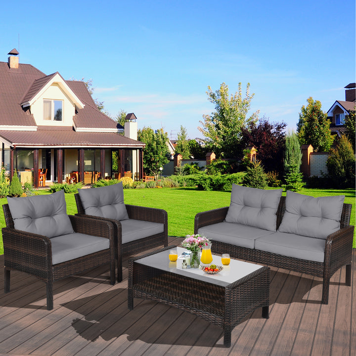 4 Pieces PE Rattan Patio Conversation Set