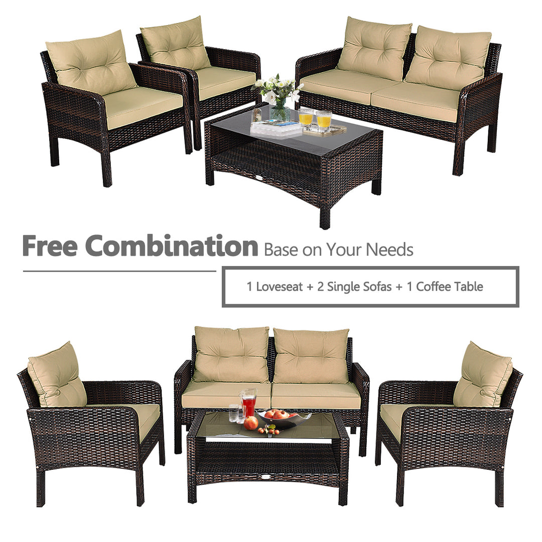 4 Pieces PE Rattan Patio Conversation Set