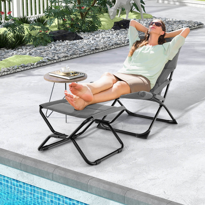 Patio Folding Sling Chair with Ottoman and with Removable Cushion-Grey - TidySpaces