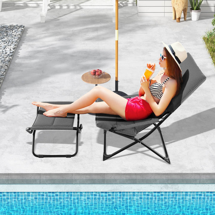 Patio Folding Sling Chair with Ottoman and with Removable Cushion-Grey - TidySpaces