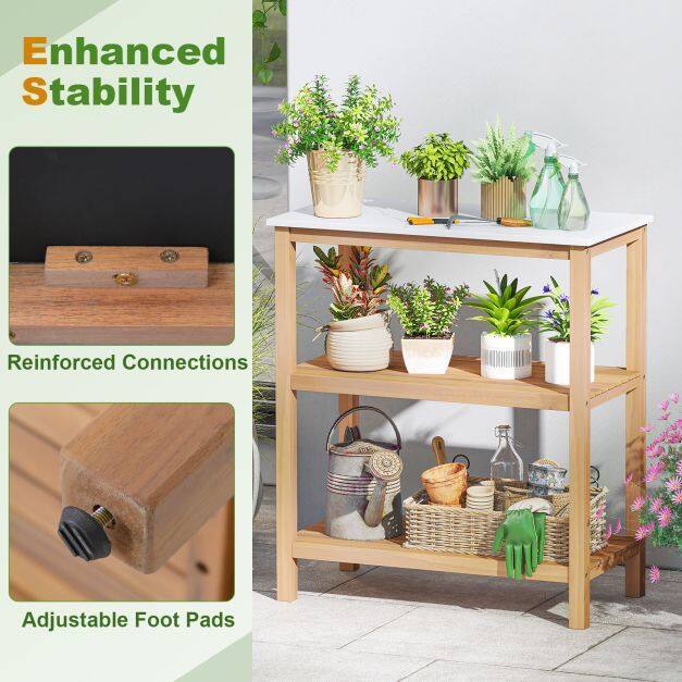 Patio Garden Potting Bench Table 3-Tier Acacia Wood Planting Workstation