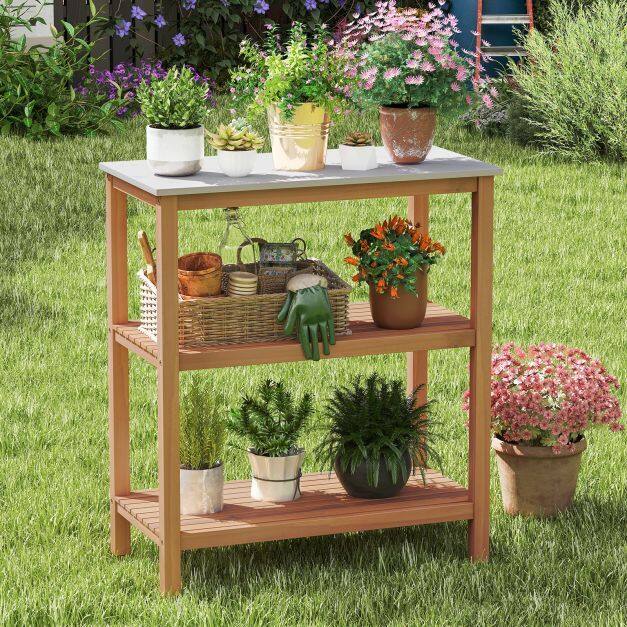 Patio Garden Potting Bench Table 3-Tier Acacia Wood Planting Workstation