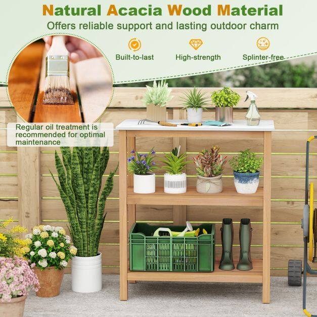 Patio Garden Potting Bench Table 3-Tier Acacia Wood Planting Workstation