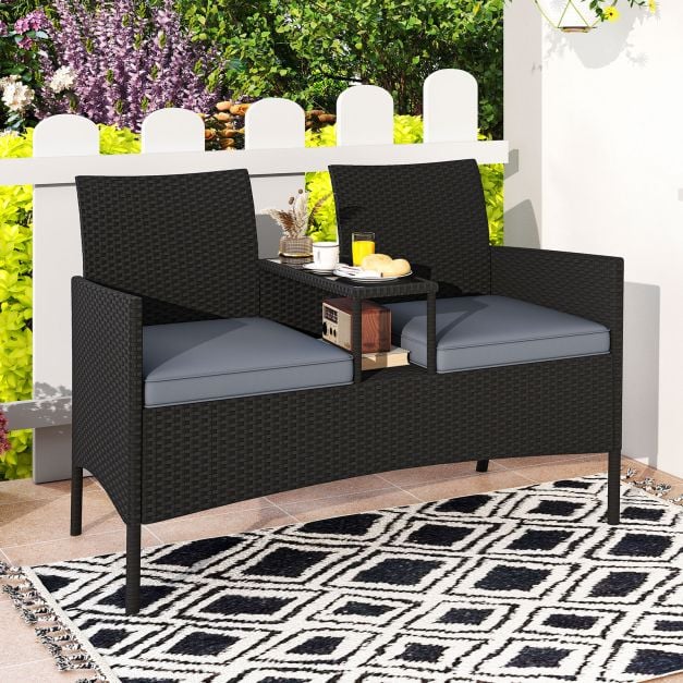 Patio Loveseat with Built-in Table, Soft Cushions, and Tempered Glass Tabletop