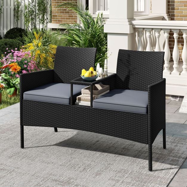 Patio Loveseat with Built-in Table, Soft Cushions, and Tempered Glass Tabletop
